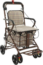 Foldable Shopping Cart with Seat for Seniors - 4 Wheel Rollator Walker, Portable Shopping Trolley with Brakes, Large Basket & Adjustable Armrest, 220lbs Capacity (White Grid)