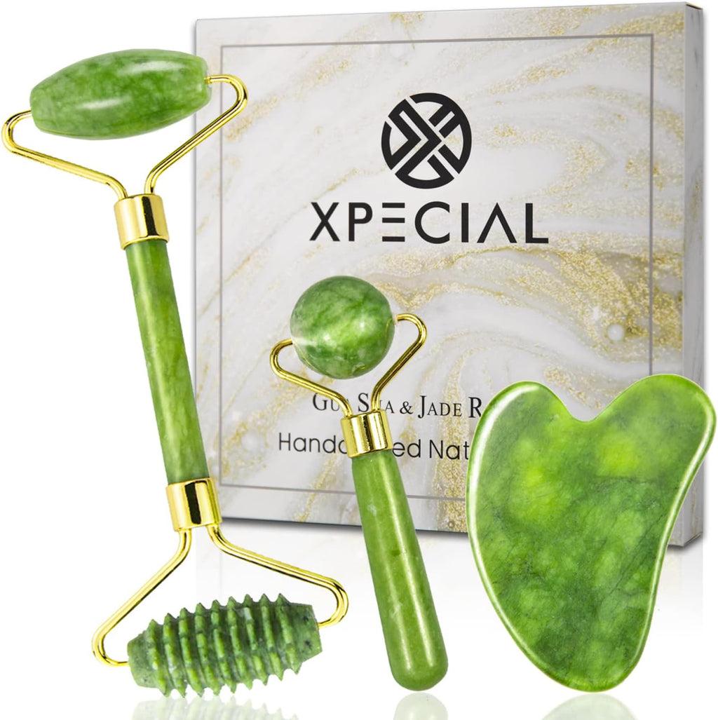 Gua Sha & Jade Roller 3 in 1, Face Roller, Guasha Facial Massage Skin Care Tool Set, Massager for Removal of Wrinkles & Eye Puffiness, Anti-Aging & Body Relaxation