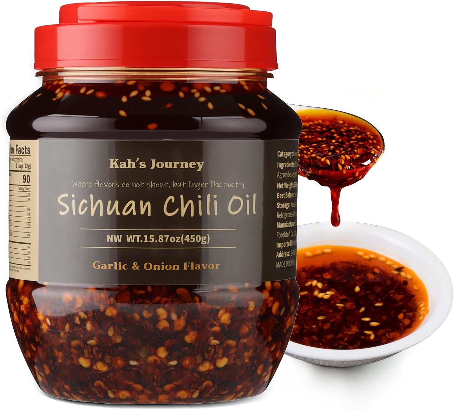 Kah's Journey Xtra Spicy Szechuan Chili Oil - 15.87oz (450g) Garlic and Onion Flavor, Vegan, Sugar Free Chili Sauce with Spicy Chili Crisp, Good on Noodles, Meats, Veggies