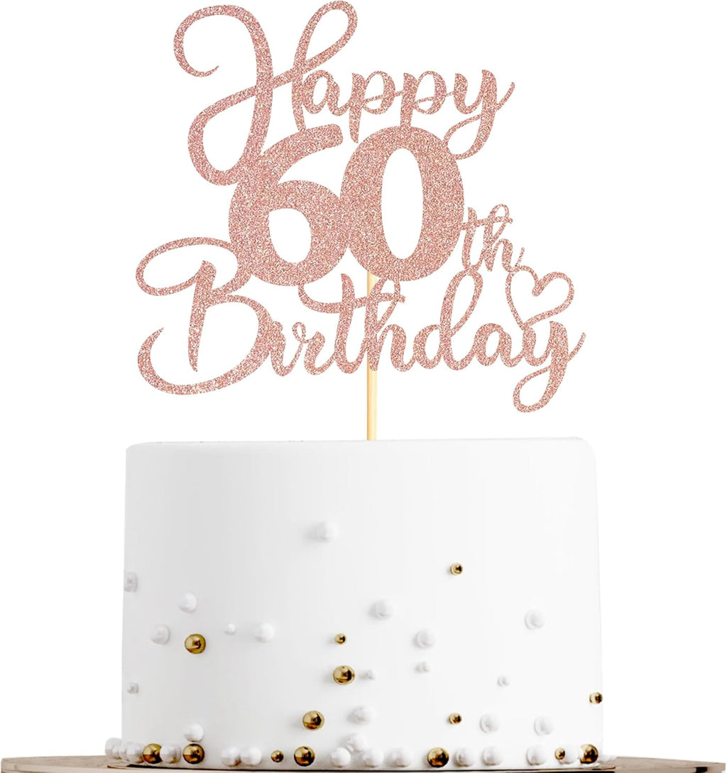 Sotpot 1 Pack 60th Birthday Cake Topper Double-sided Rose Gold Glitter Cake Pick Cake Decoration for Happy 60th Birthday Anniversary Party Decorations