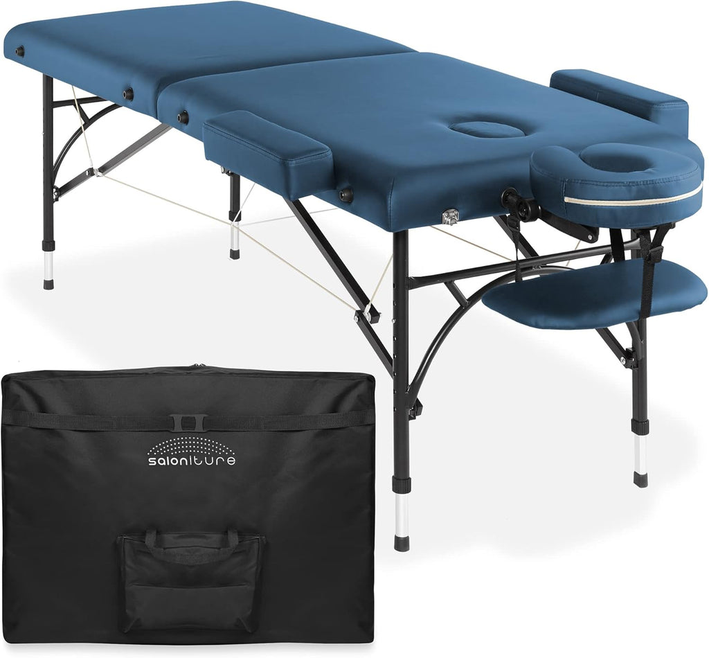 Saloniture Professional Portable Lightweight Bi-Fold Massage Table with Aluminum Legs - Includes Headrest, Face Cradle, Armrests and Carrying Case Blue