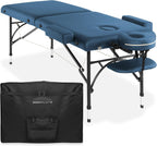 Saloniture Professional Portable Lightweight Bi-Fold Massage Table with Aluminum Legs - Includes Headrest, Face Cradle, Armrests and Carrying Case Blue