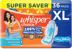 Whisper Choice Sanitary Pads, 36 XL Pads, Upto 100% Stain Protection All Day, Longer Length for Better Coverage, 20% Wider Back, Dry Top Sheet, with Wings