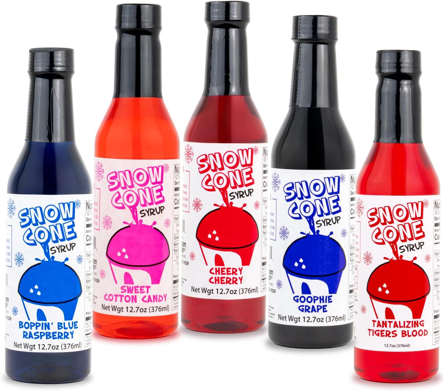 Concession Express® Snow Cone Syrup Fun Flavors Pack (5 Flavors, 12.7 oz Each) – Blue Raspberry, Cherry, Cotton Candy, Grape & Tiger’s Blood – Snow Cone & Shaved Ice Syrups perfect for Home, Concessions, & Parties