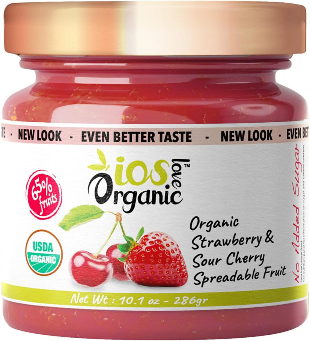 IOS Love Organic Spreadable Fruit - USDA Organic Certified - Non-GMO, Vegan, Gluten Free, Kosher, NO Added Sugar, Net. Wt. 10.1Oz (Strawberry & Sour Cherry, 10.1 Oz (Pack of 1))