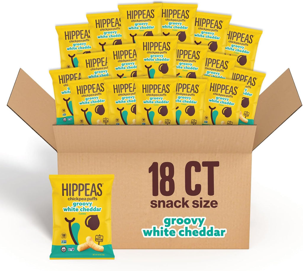 HIPPEAS Chickpea Puffs, Groovy White Cheddar, Gluten Free Snacks, Dairy Free, Vegan, 0.8oz, Pack of 18, 3g Protein, 2g Fiber, Crunchy, Nutritious, Baked Plant Protein Snack, Non-GMO, Kosher