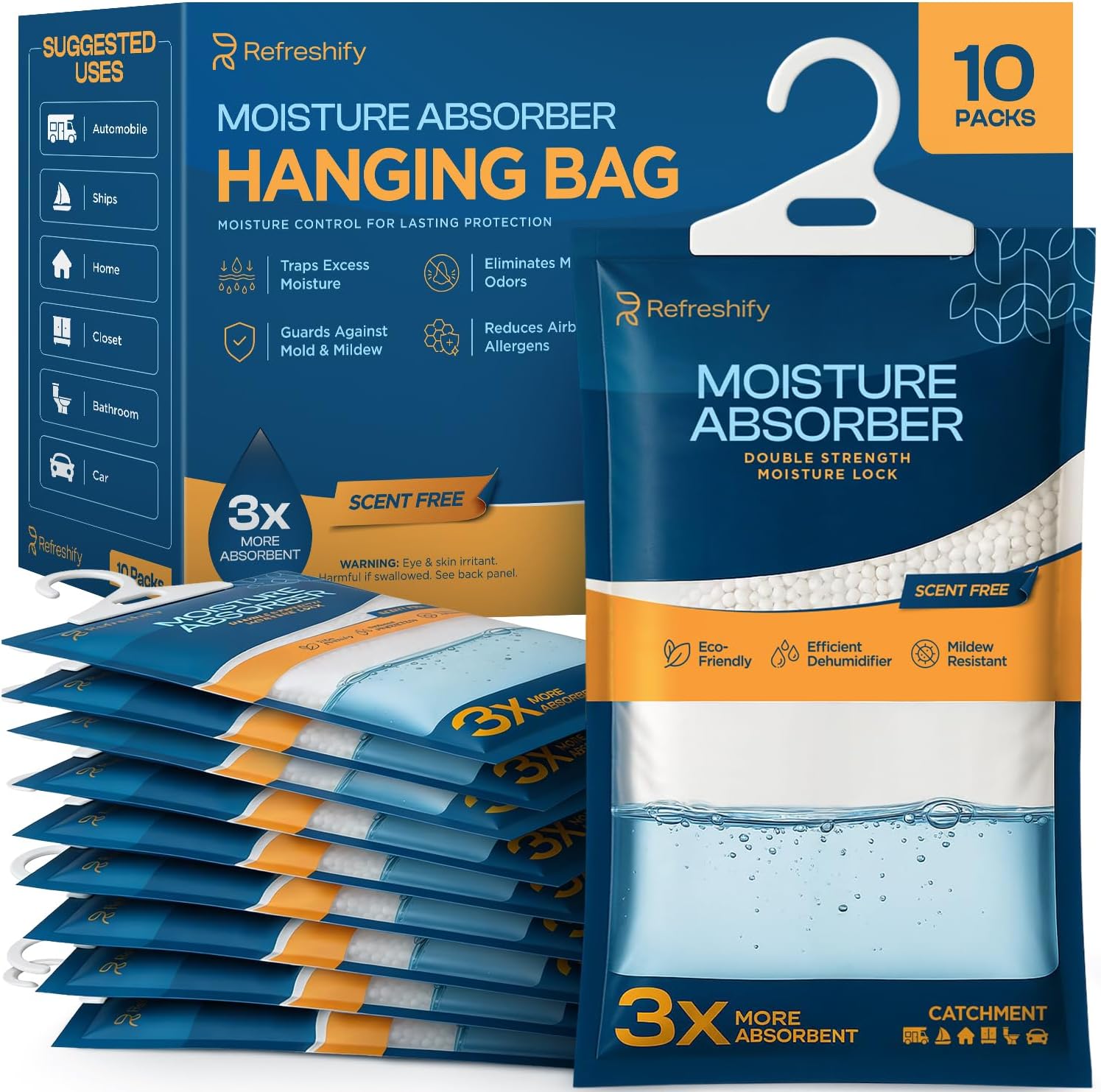 Moisture Absorbers and Humidity Absorber Bags for Closet - 10 Pack High-Efficiency Moisture Absorber and Humidity Packs for Home, Moisture Bags and Dehumidifier Bags for Car Fragrance Free, 10 Pack