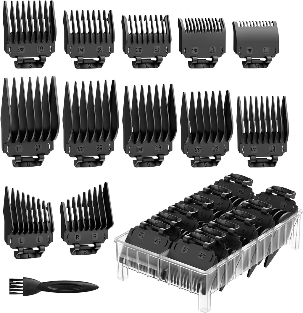 Clipper Guards Set with Organizer, Professional Hair Cutting Guides Replacement Compatible with Most Wahl Clippers - 1/16" to 1", 14 Piece Black