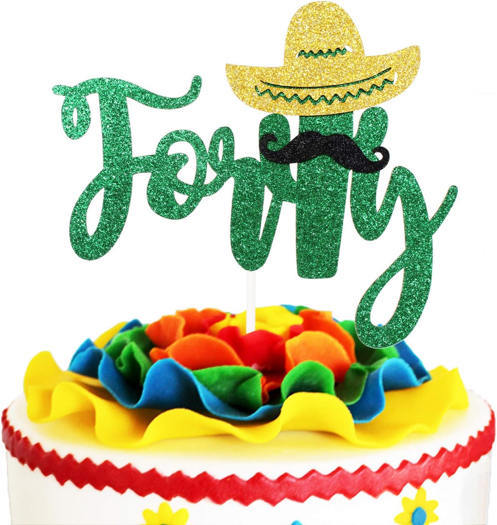 Fiesta 40th Birthday Cake Topper - Green Glitter Sombrero Forty Days Anniversary Supplies - Happy 40th Birthday Cake Topper - Mexican Summer Fiesta Party Decoration