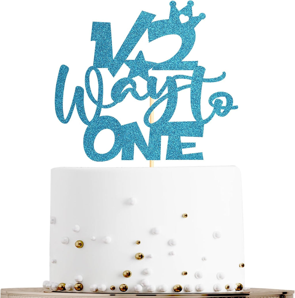 Sotpot 1 Pack Half Way To One Cake Topper Blue Glitter 1/2 Half Birthday Cake Decoration for Baby Half Year Old Birthday Party Gender Reveal Party Supplies