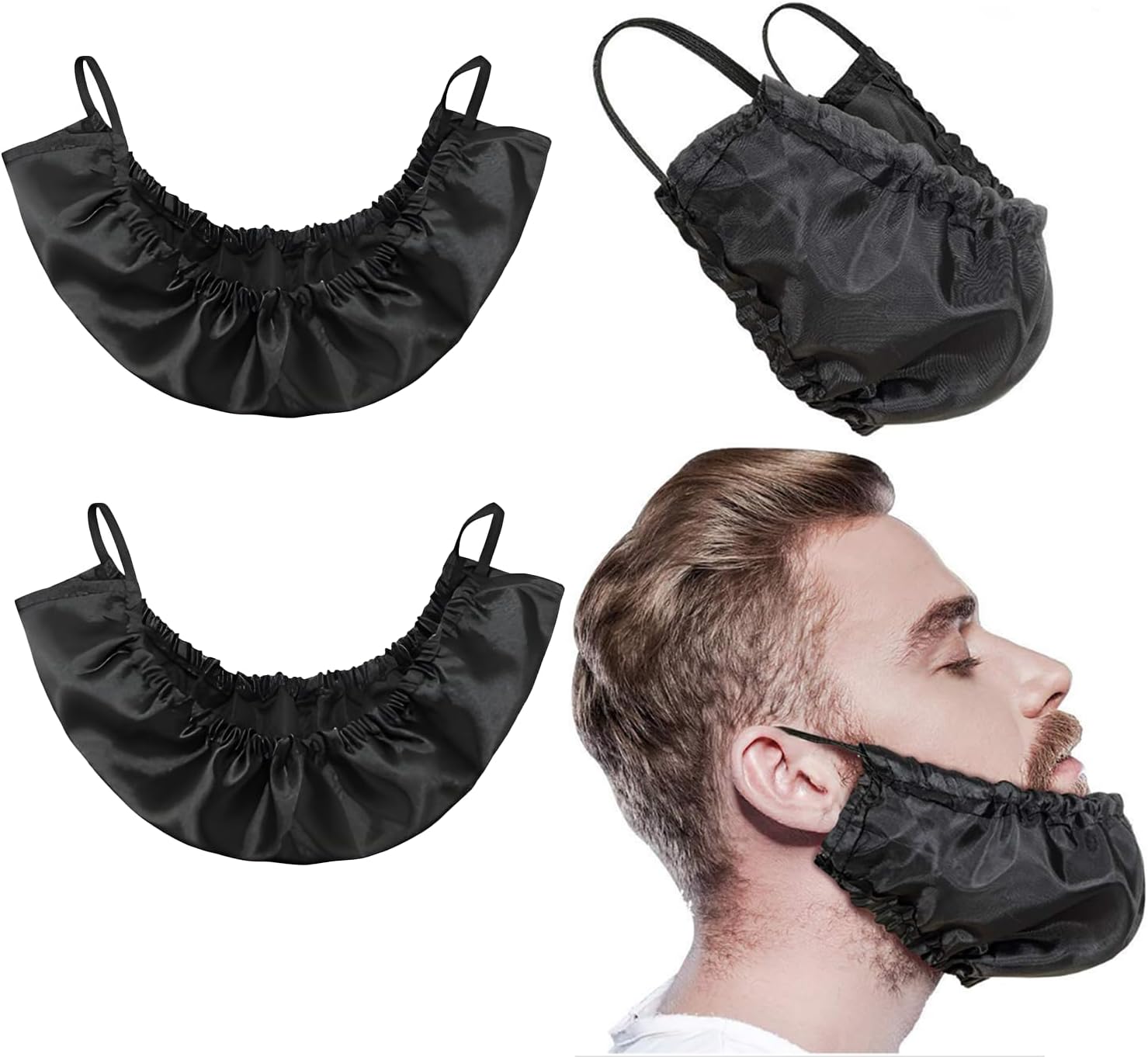 3 Pack Men Beard Bib, Black Beard Covers, Man Bedtime Bib Beard Cap, Beard Bandana Covers, beard mask
