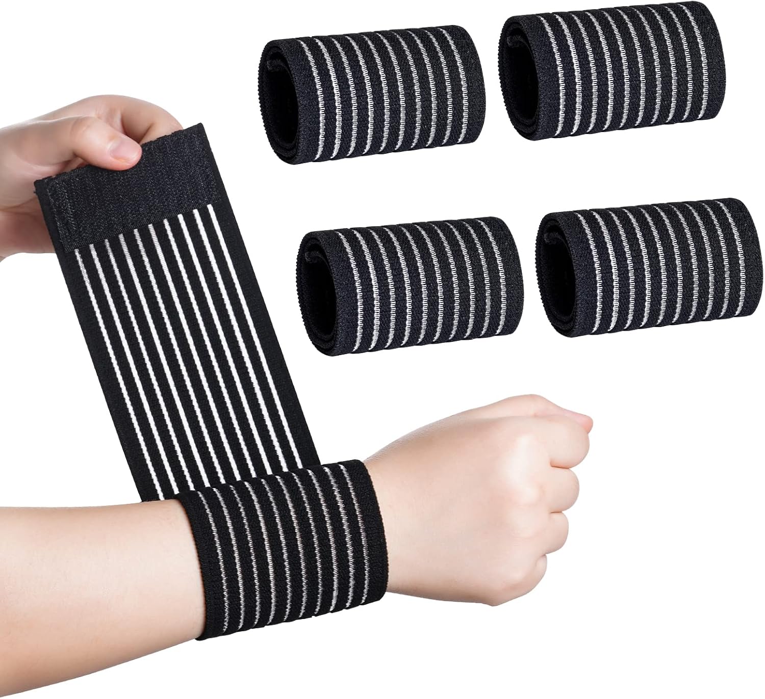 Rbenxia 4 Pieces of Black Elastic Wrist Compression Bandage Adjustable Wrist Strap Hand Brace Wraps Breathable Wristband for Stabilising Ligament, Joint Pain, Sport (40 cm)