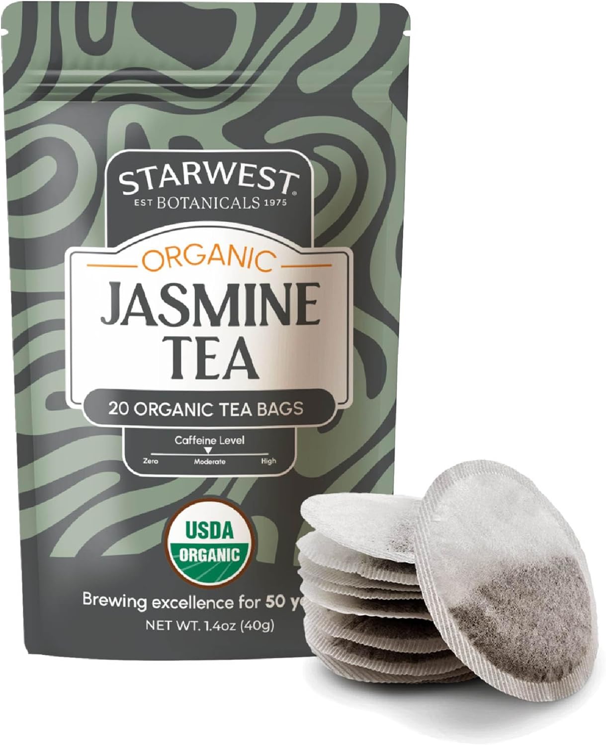 Starwest Botanicals Organic Jasmine Tea - Caffeinated Herbal Blend, Green Tea Scented with Natural Jasmine Flowers, Fragrant & Uplifting, Enjoy Hot or Iced, USDA Organic, Non GMO - 20 Bags
