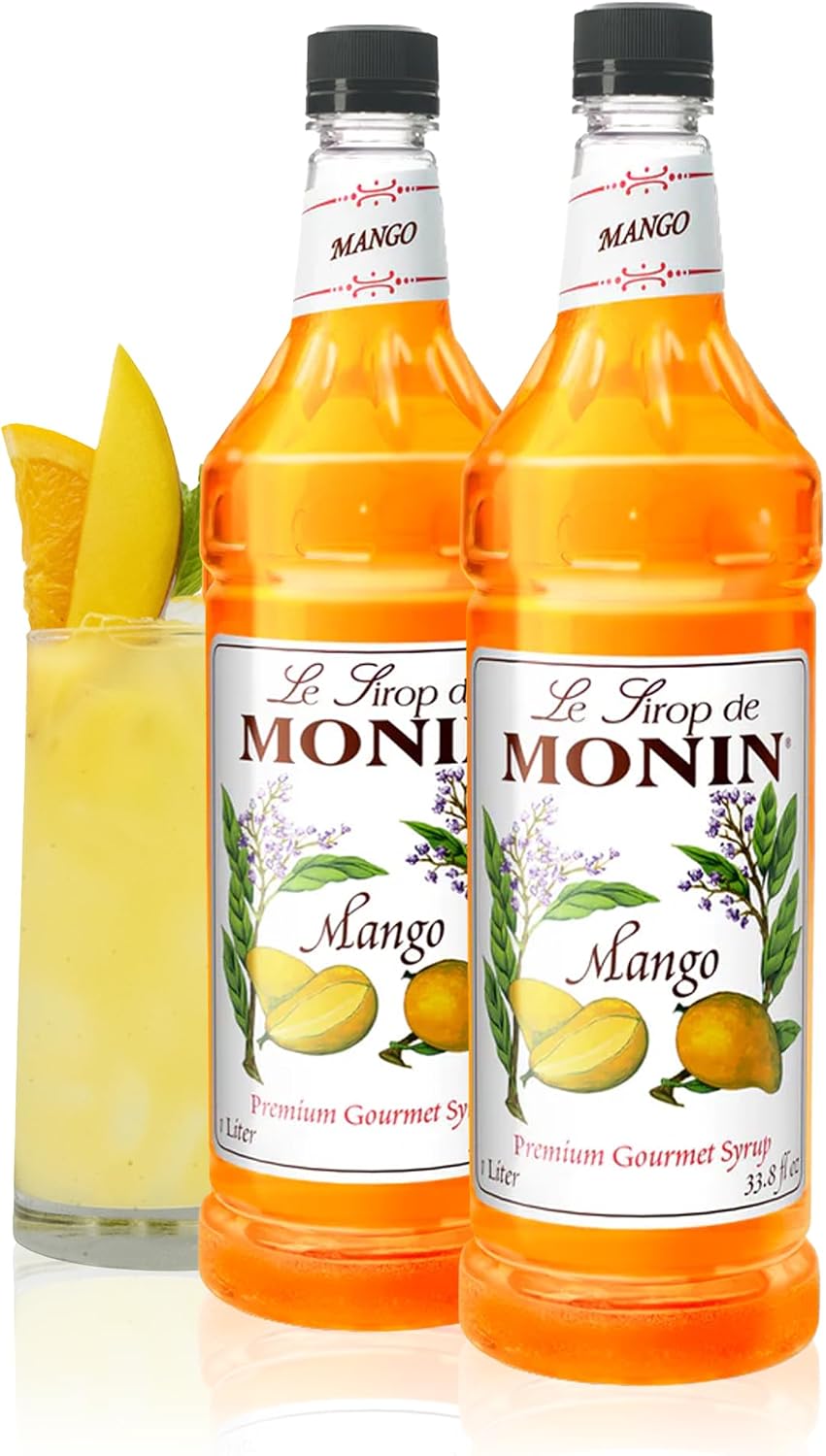 Monin - Mango Syrup, Tropical and Sweet, Great for Cocktails, Sodas, and Lemonades, Gluten-Free, Non-GMO (1 Liter, 2-Pack)