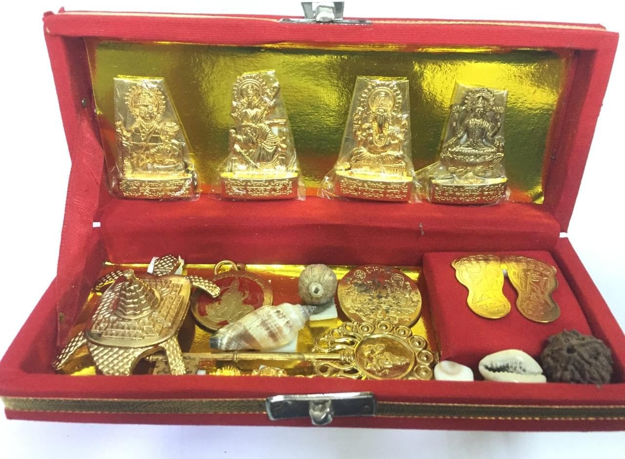 Zinc Dhan Laxmi Kuber Bhandari Yantra Set (20 cm x 8 cm x 4 cm, Golden, Pack of 14 Items) for Pooja