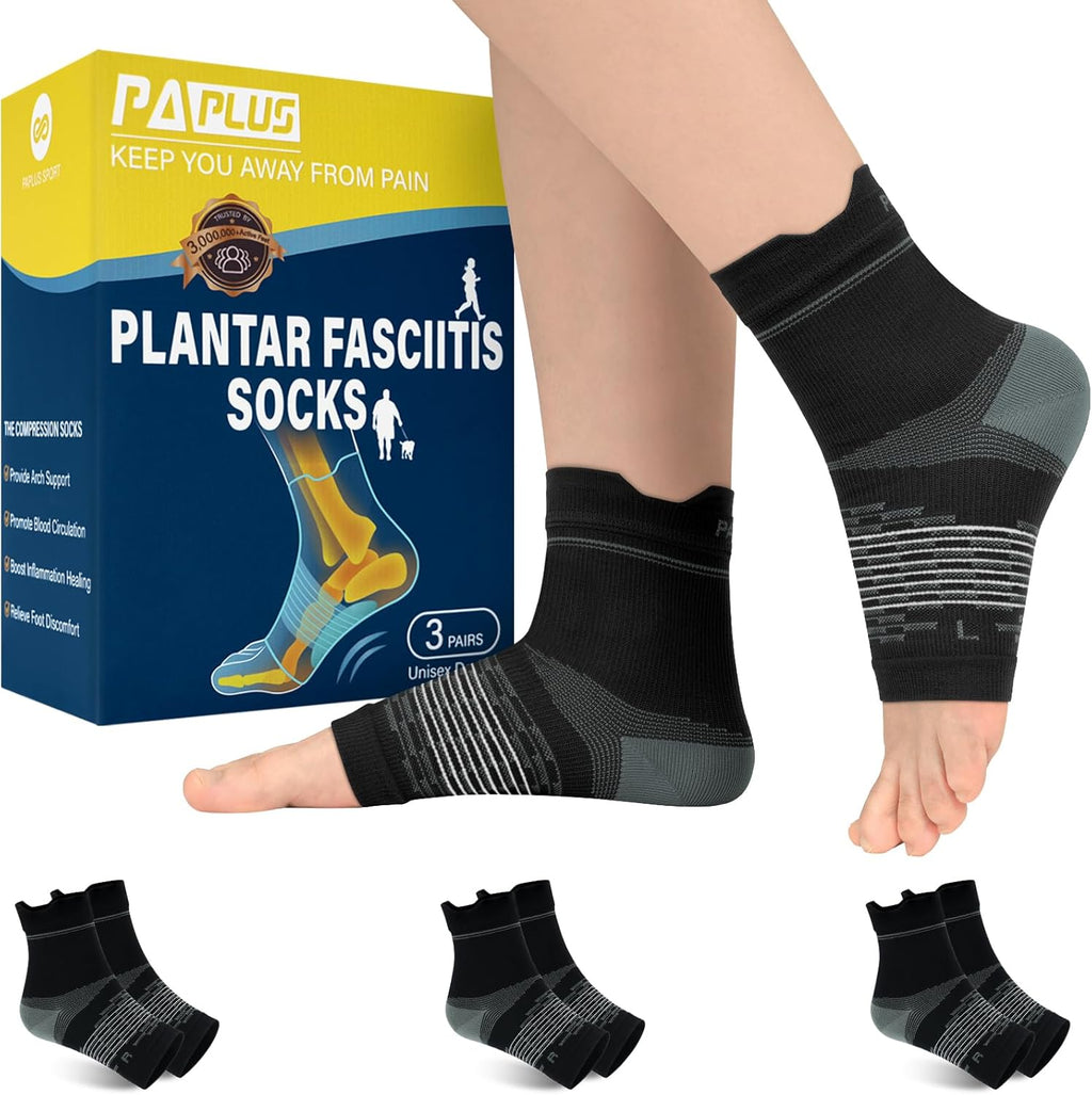 PAPLUS 3 Pairs Plantar Fasciitis Socks Women & Men - Ankle Compression Sleeve for Sprained Ankle, Heel Spur & Arch Support - Foot Brace for Achilles Tendonitis Relief, Arthritis Pain