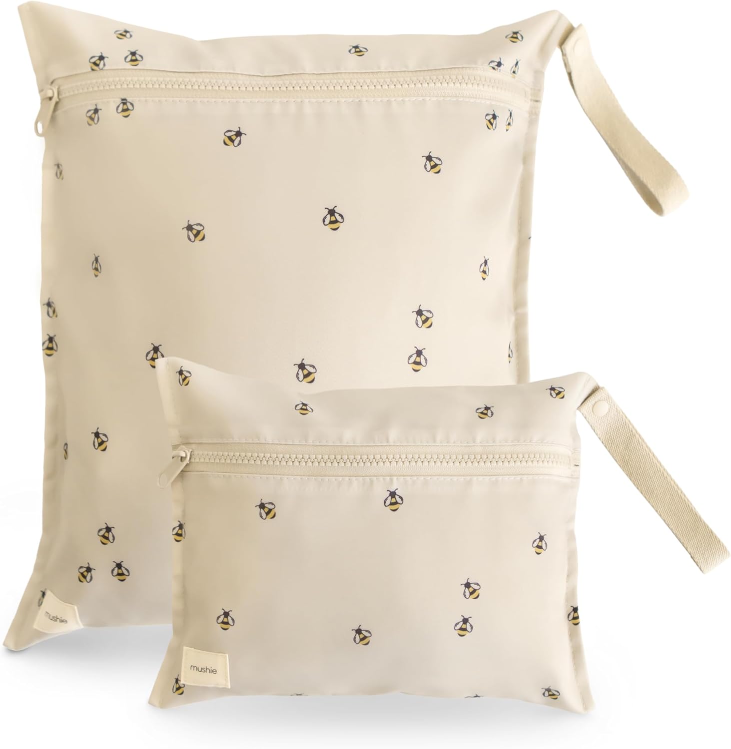 mushie Water Resistant Wet Bags | Large & Small Reusable Storage Bag for Baby Items and Travel | Zippered Pockets with Handle | Machine Washable, Set of 2 (Bees)