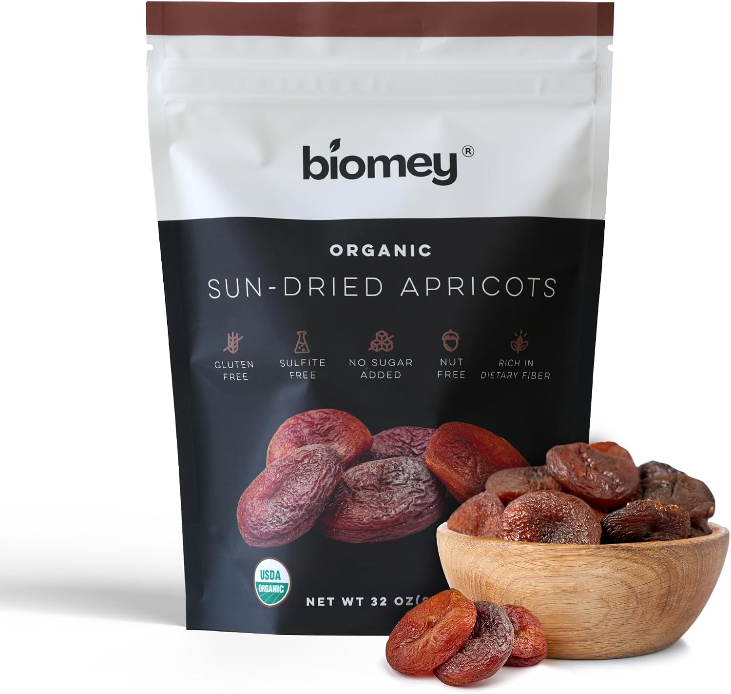 Biomey Organic Certified 2 LB Sun-Dried Unsulphured Turkish Apricots - Soft & Juicy Dried Fruit - No Sugar Added - No Preservatives - Vegan - Non-GMO - Gluten Free Healthy Snack - Bulk Value Resealable Pack