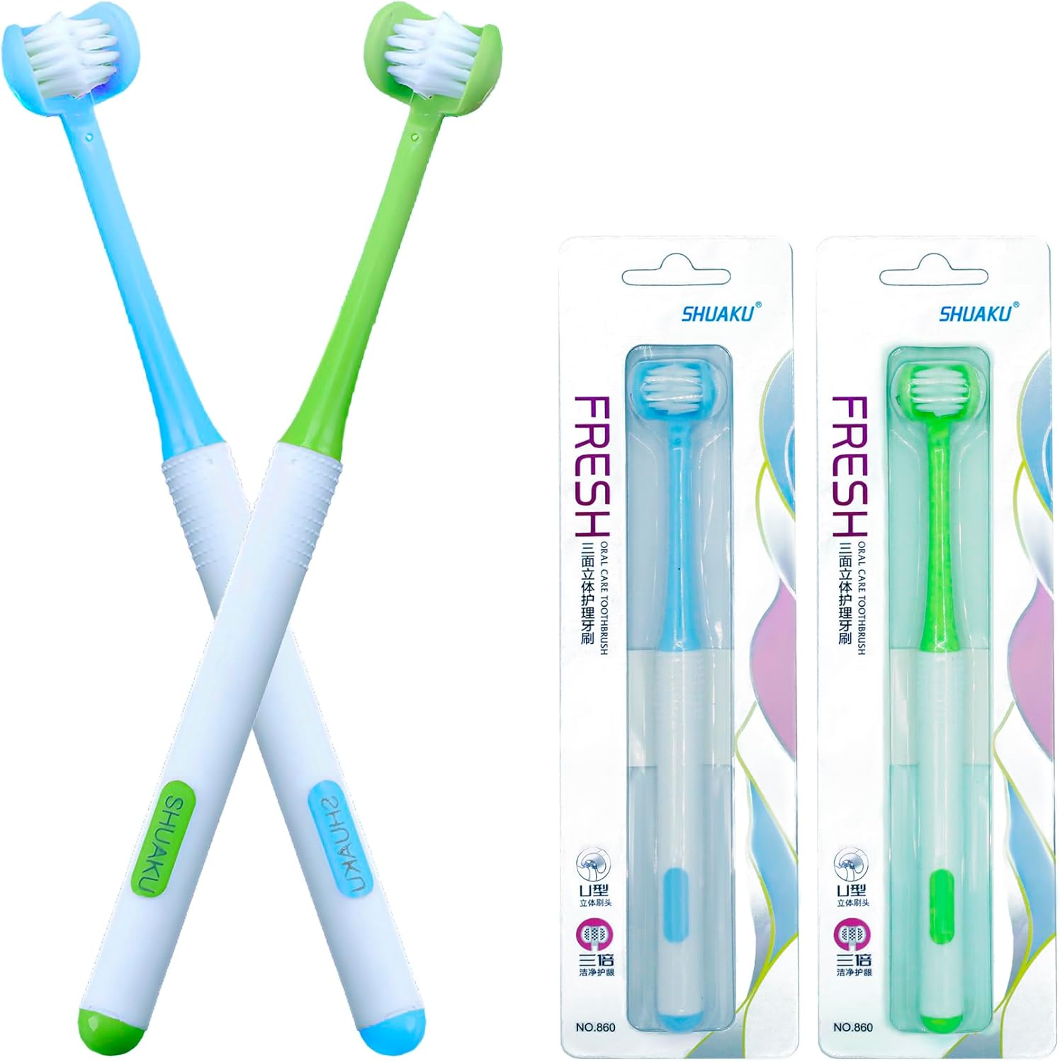 3 Sided Autism Toothbrush 360° Oral Teeth Cleaning Design U-Shaped Toothbrush 2 PCS Adult Soft Bristles Soft and Gentle for Complete Tooth and Gum Care (Blue + Green)