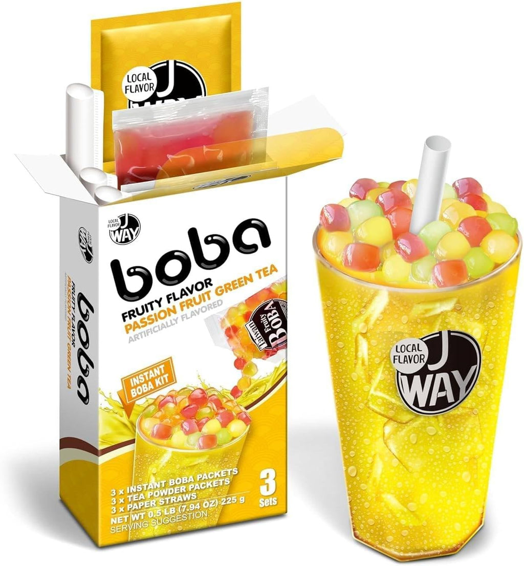 J WAY Instant Passionfruit Pineapple Green Tea Kit with Authentic Fruity Colorful Tapioca Boba, Ready in Under One Minute, Paper Straws Included - 3 Servings