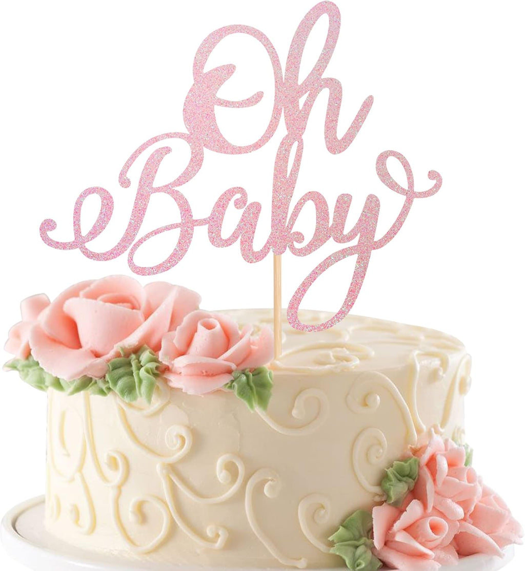 Rsstarxi 1 Pack Oh Baby Cake Topper - Pink Glitter Baby Shower Cake Pick Decorations for Baptism, Gender Reveal, or Kids Birthday Party