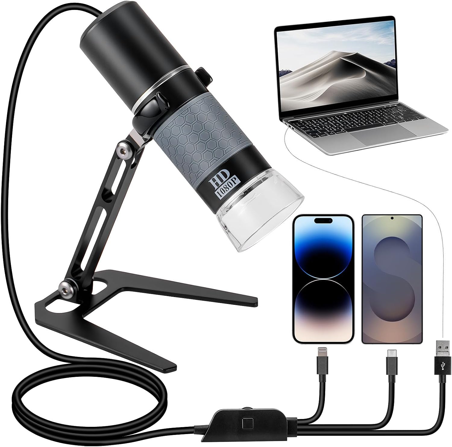 Full HD 1080P USB Digital Microscope Camera for iPhone iPad Android PC, 50-1000X High Definition Portable Handheld Microscope with Light for Coin Plants Trichome Soldering Skin Scalp