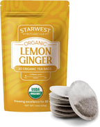 Starwest Botanicals Organic Lemon Ginger Tea - Caffeine Free Herbal Blend, Lemongrass, Ginger Root, & Peppermint Leaf, String Free Sachets, Non GMO - 20 Bags