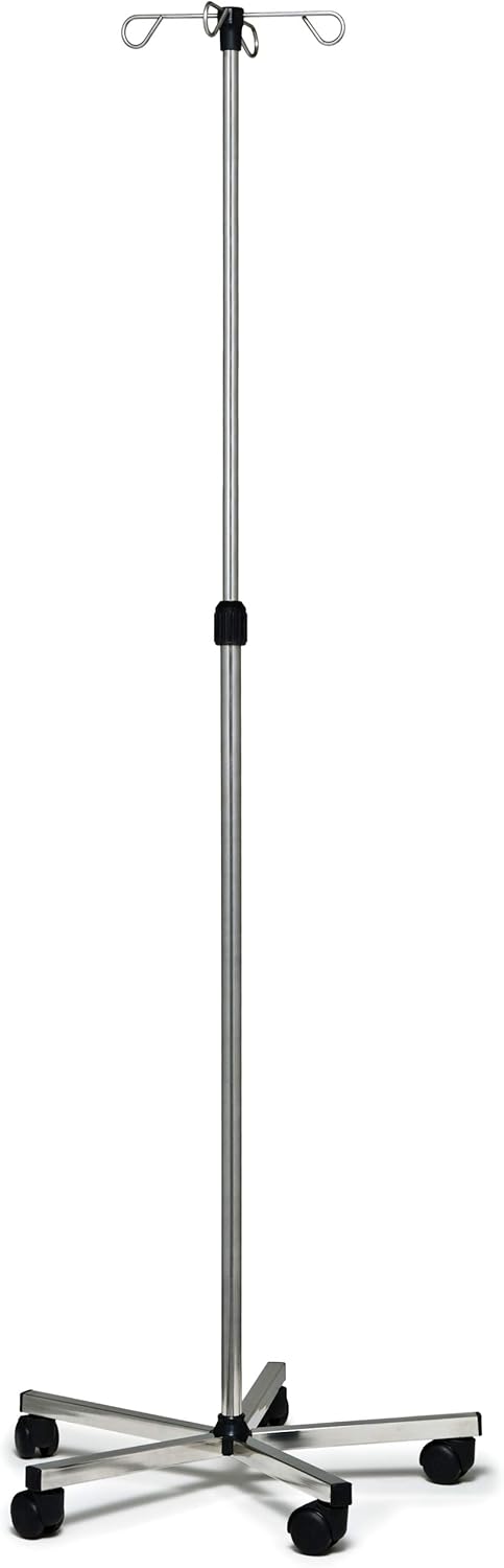 Lumex Deluxe Rolling IV Pole with 4 Hooks – Height-Adjustable Stainless Steel Infusion Stand with 5-Leg Base & Wheels