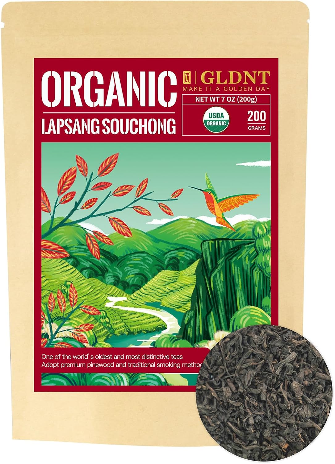 GLDNT Organic Lapsang Souchong Tea, Chinese Smoked Organic Black Tea Loose Leaf, Smoky Taste, Caffeinated, 7oz/200g