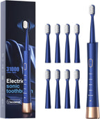 AJELU IPX7 Waterproof Sonicare Electric Toothbrush, 2-Hour Fast Charge with Intelligent Time Reminder, 5 Modes, 8 Brush Heads, Travel, Indoor, Outdoor, Blue