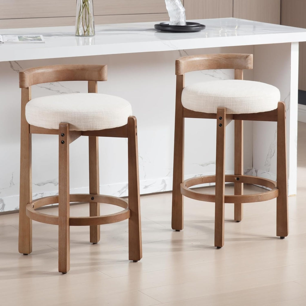 HEAH-YO Bar Stools Set of 2, 26.5" Counter Height Stools with Low Back, Beige — Mid Century Modern Style, Linen Fabric Seat, Solid Wood Legs, Ideal for Kitchen & Dining Room