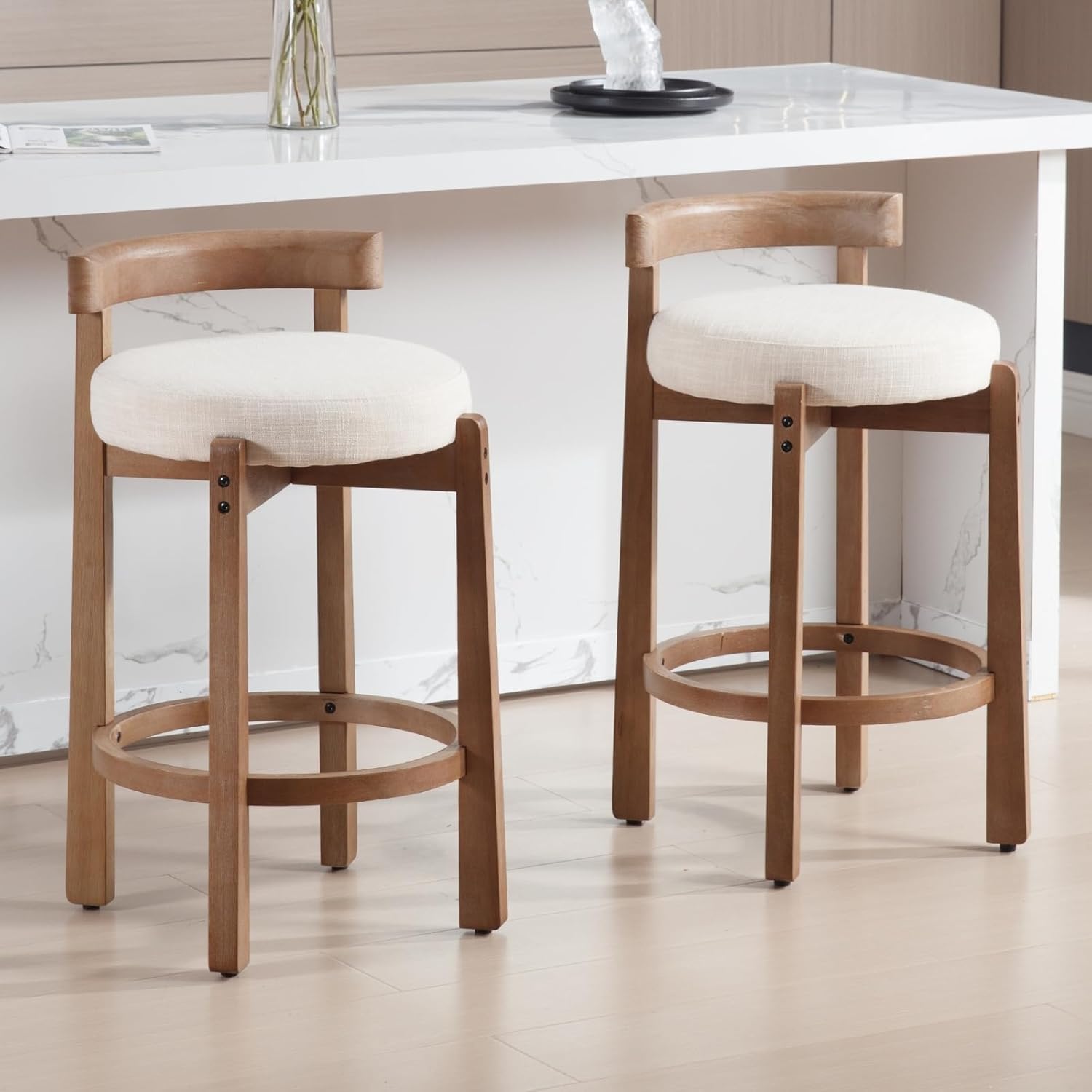 HEAH-YO Bar Stools Set of 2, 26.5" Counter Height Stools with Low Back, Beige — Mid Century Modern Style, Linen Fabric Seat, Solid Wood Legs, Ideal for Kitchen & Dining Room