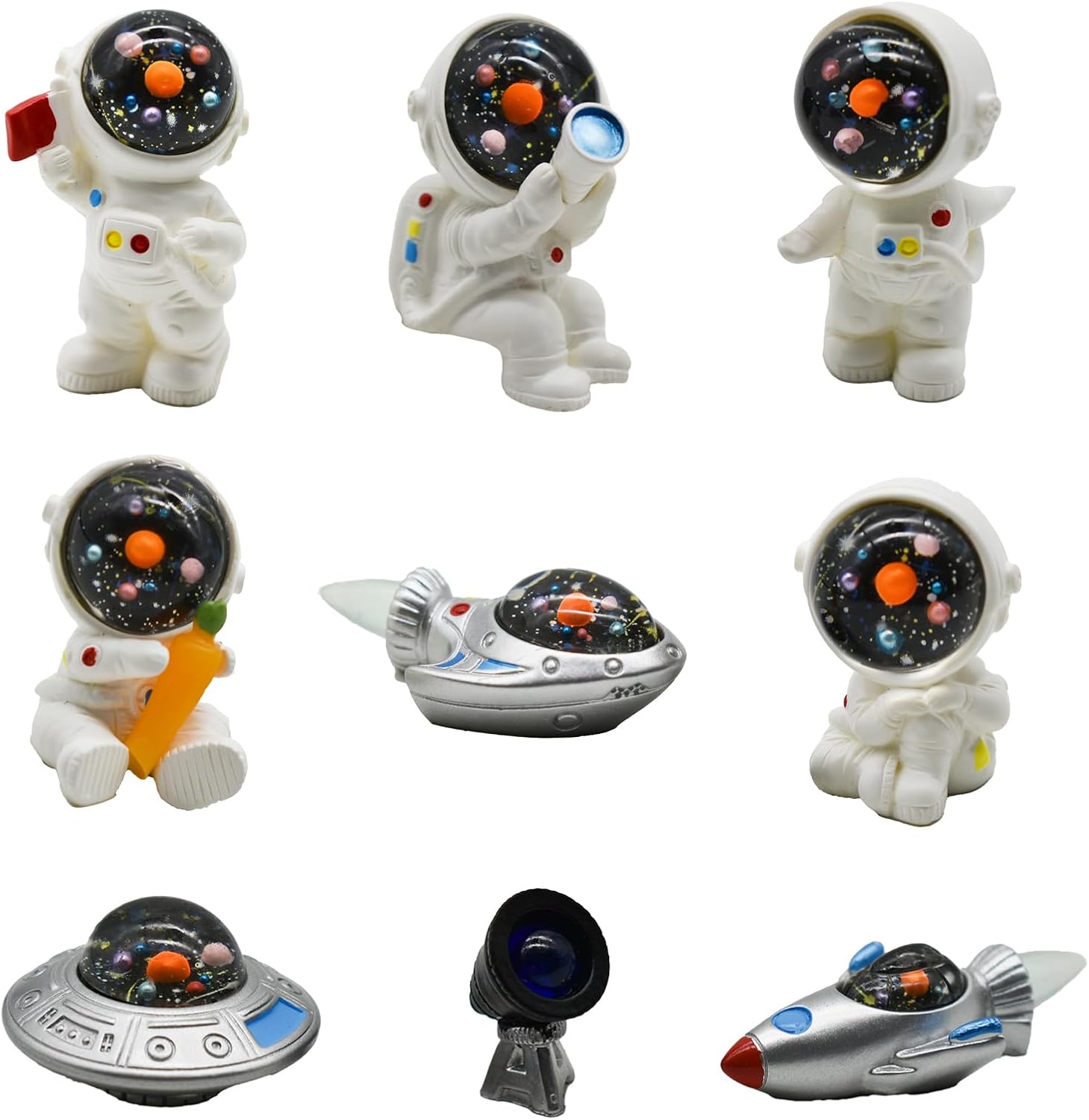 9Pcs Miniature Astronaut and Rocket Figurines Mini Spaceman and UFO Set Resin Cake Toppers for DIY Shelf Tabletop Diorama Craft Decoration