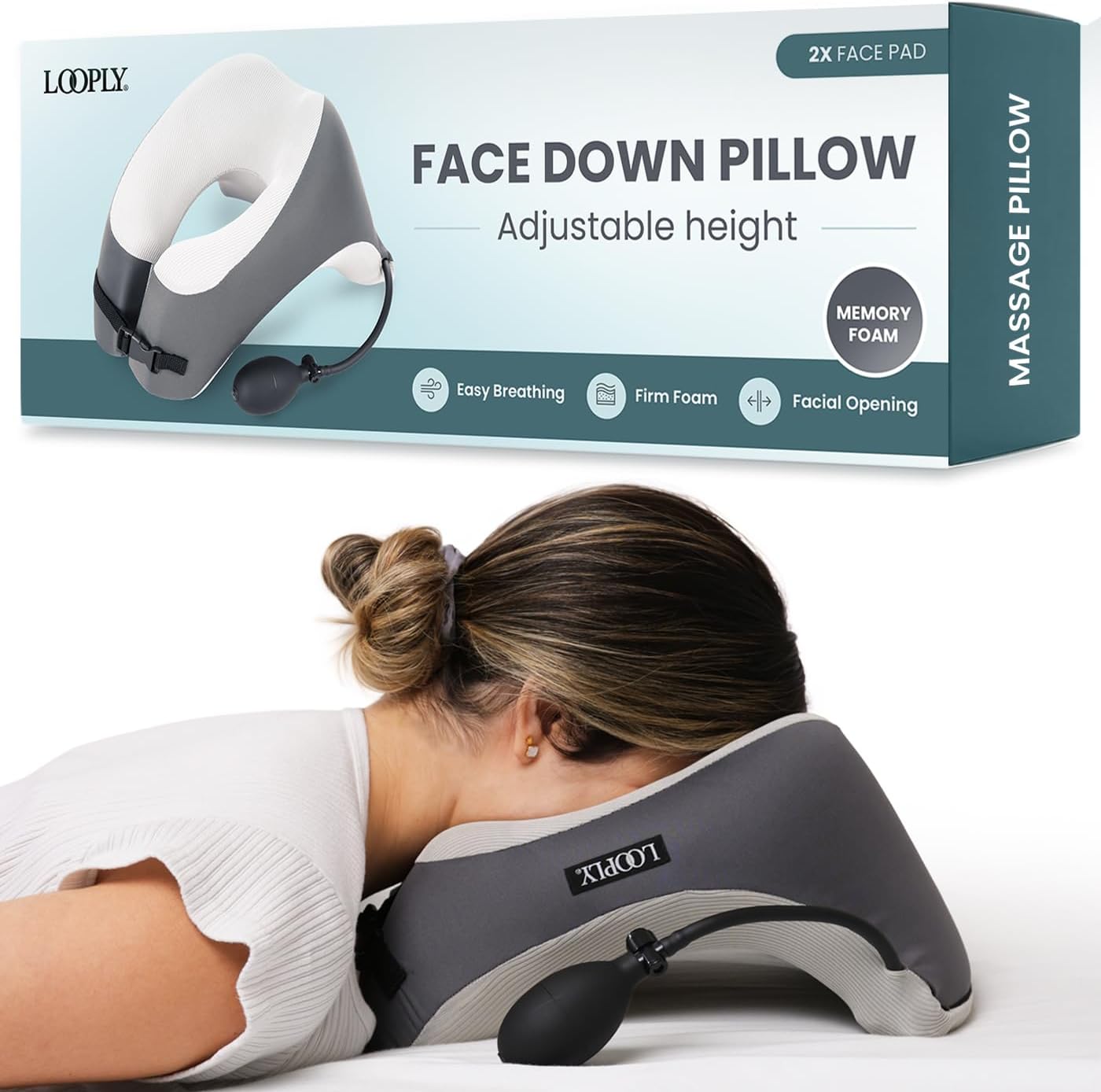 Face Down Pillow for Massage - Massage Headrest Face Cradle for Bed - Adjustable Height Massage Pillow Face Down with Breathable Design - Stomach Sleeping Pillow - Includes 2 Washable Pads
