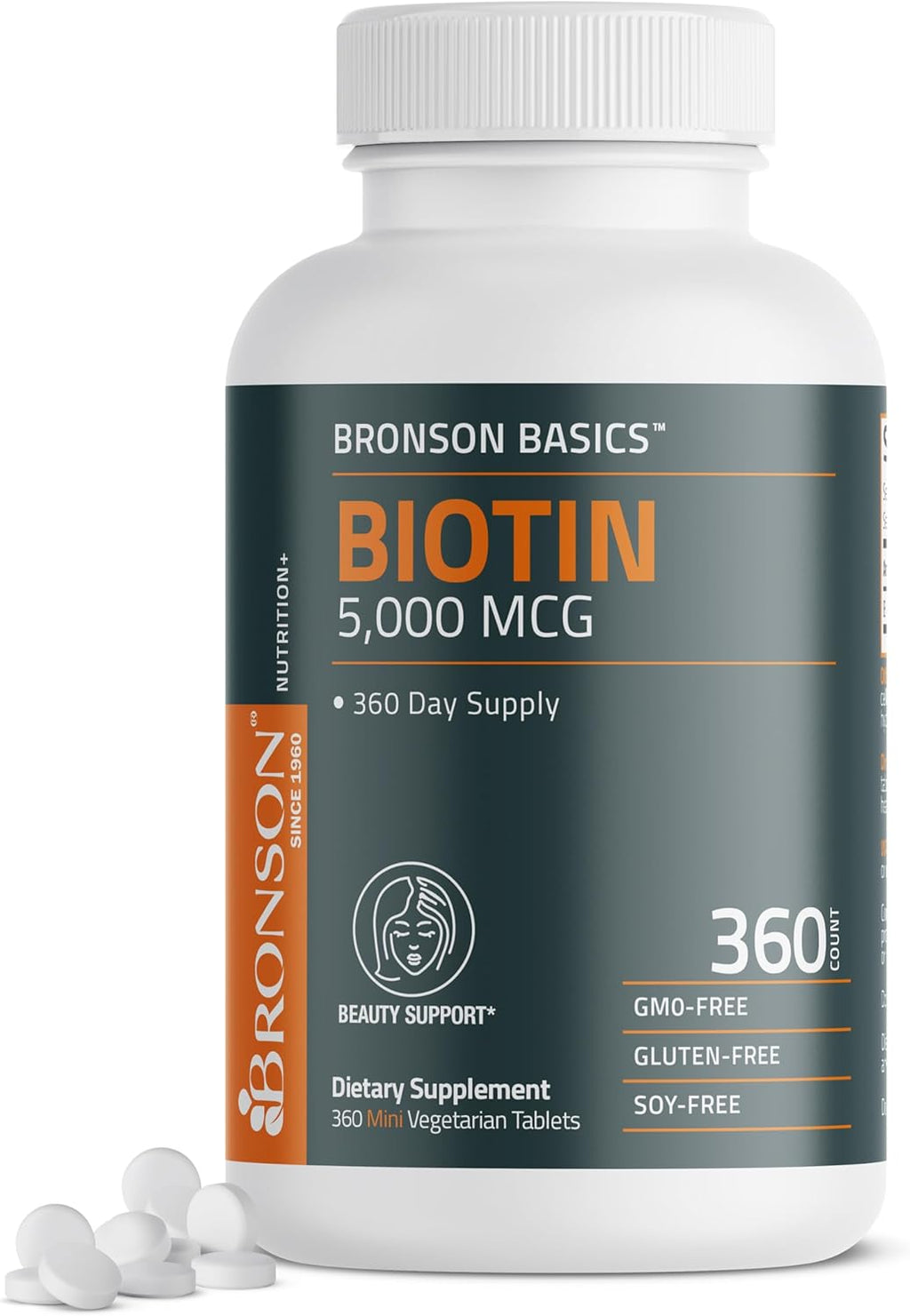 Bronson Biotin 5,000 MCG Supports Healthy Hair, Skin & Nails & Energy Production - High Potency Beauty Support - Non-GMO, 360 Vegetarian Tablets