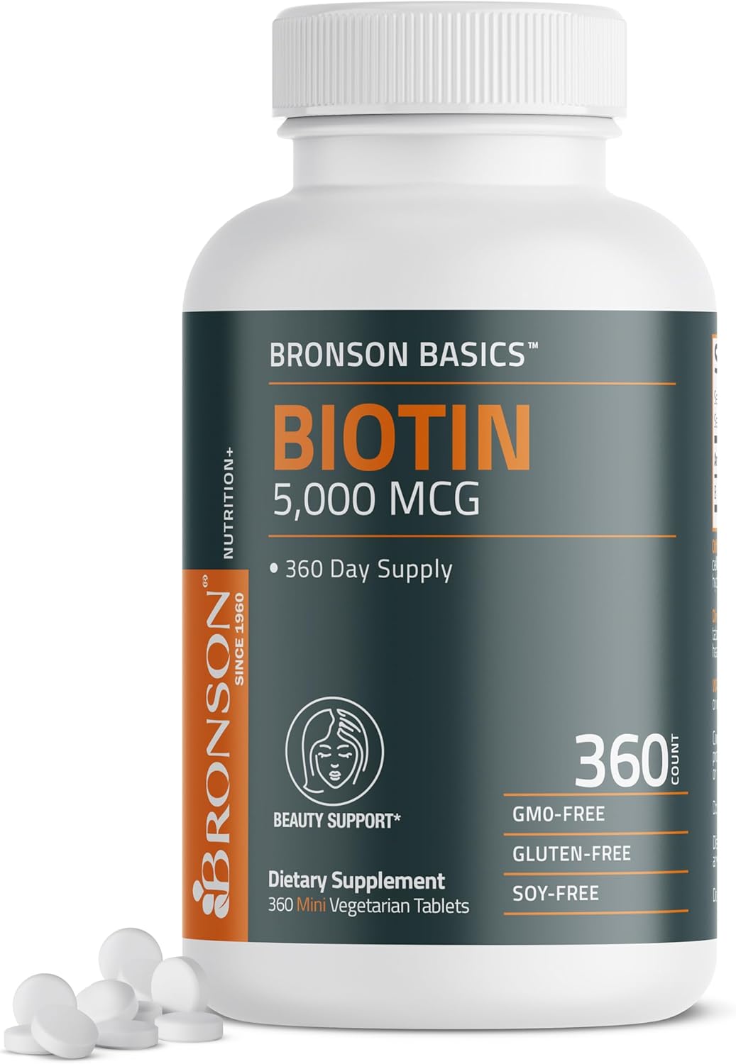 Bronson Biotin 5,000 MCG Supports Healthy Hair, Skin & Nails & Energy Production - High Potency Beauty Support - Non-GMO, 360 Vegetarian Tablets