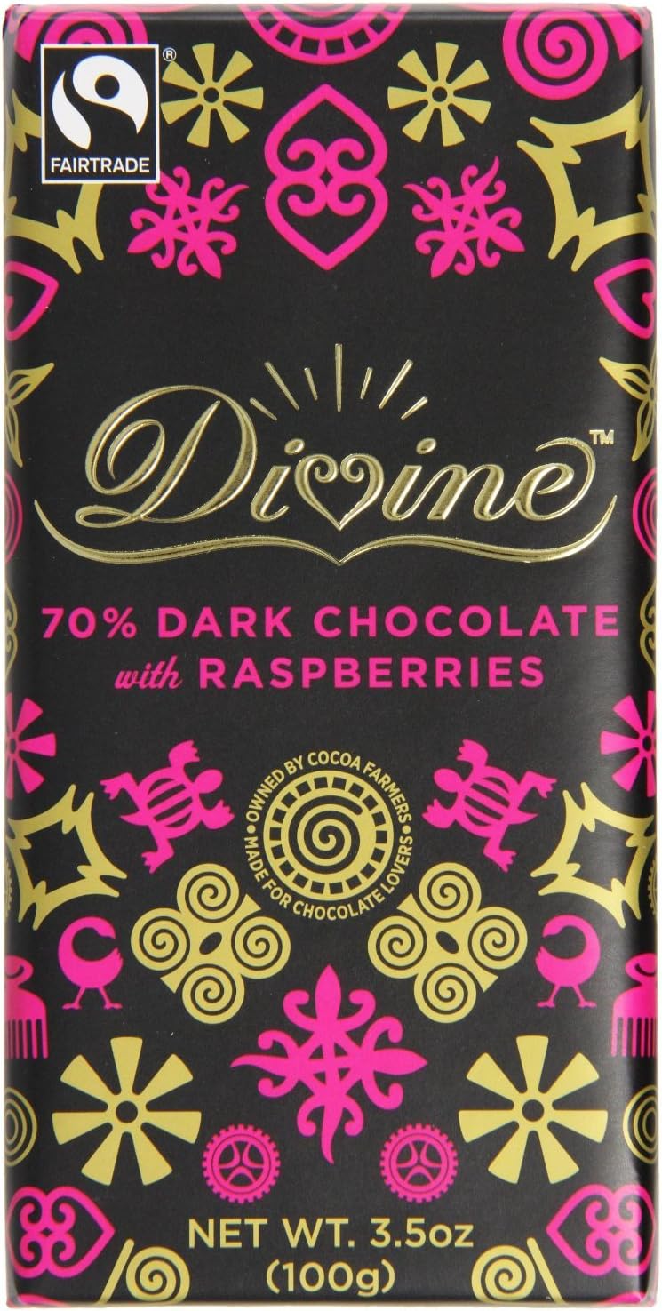 Divine Fairtrade Dark Chocolate - 70% Cocoa Raspberry (100g) - Pack of 6