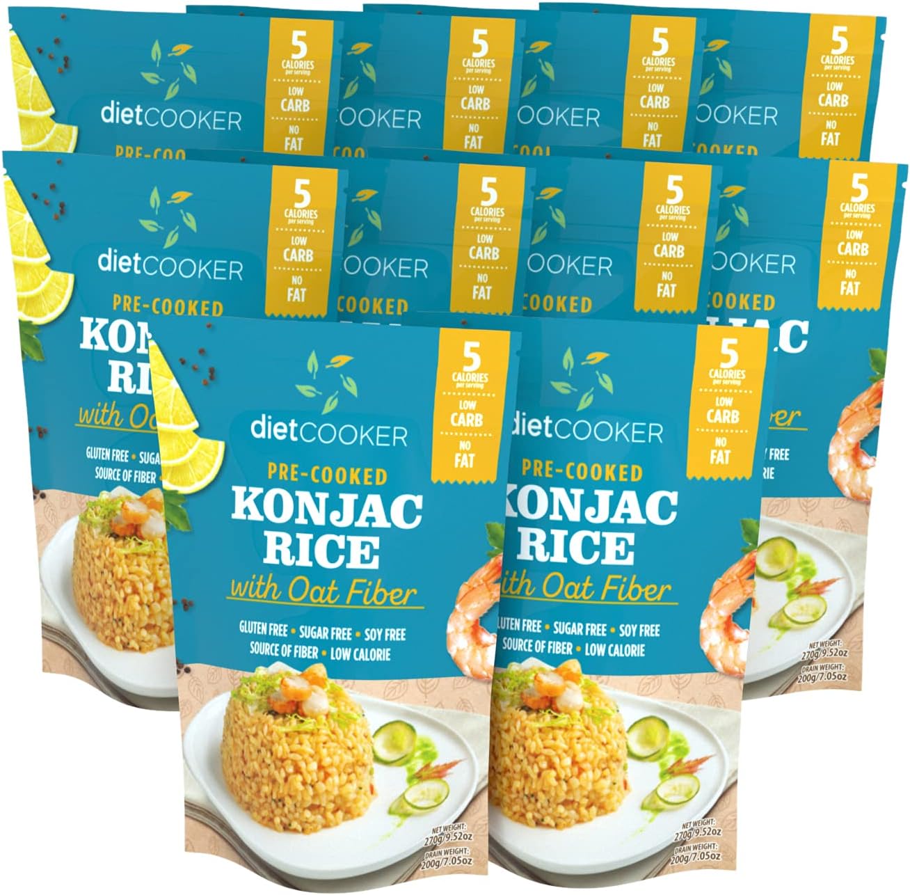 Shirataki Rice, DIET COOKER Konjac Rice 10 Pack Inside, Keto & Vegan Friendly, 9.52 oz, Odor Free, Low Calorie, Zero Net Carbs, Slim Rice Healthy Diet Food with Oat Fiber