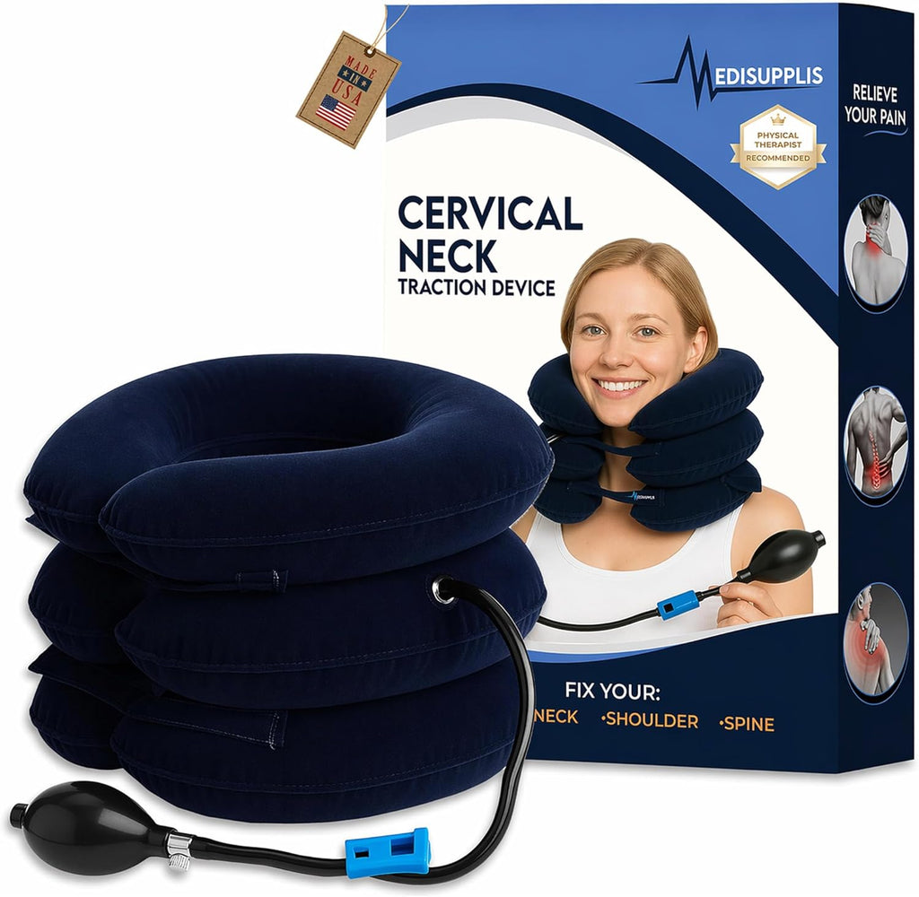Neck Stretcher, Cervical Traction Device, Neck Traction Device for Neck Pain Relief, Adjustable Inflatable Neck Stretcher Cervical Traction and Neck Brace, Neck Decompression Home Use (Blue)