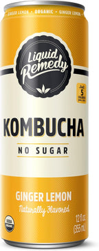 Liquid Remedy Kombucha Sugar Free Organic Drink, Low Calorie, Probiotic Like Tea for Gut Health - Ginger Lemon - 12 Fl Oz Can