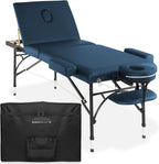 Saloniture Professional Portable Lightweight Tri-Fold Massage Table with Aluminum Legs - Includes Headrest, Face Cradle, Armrests and Carrying Case, Blue