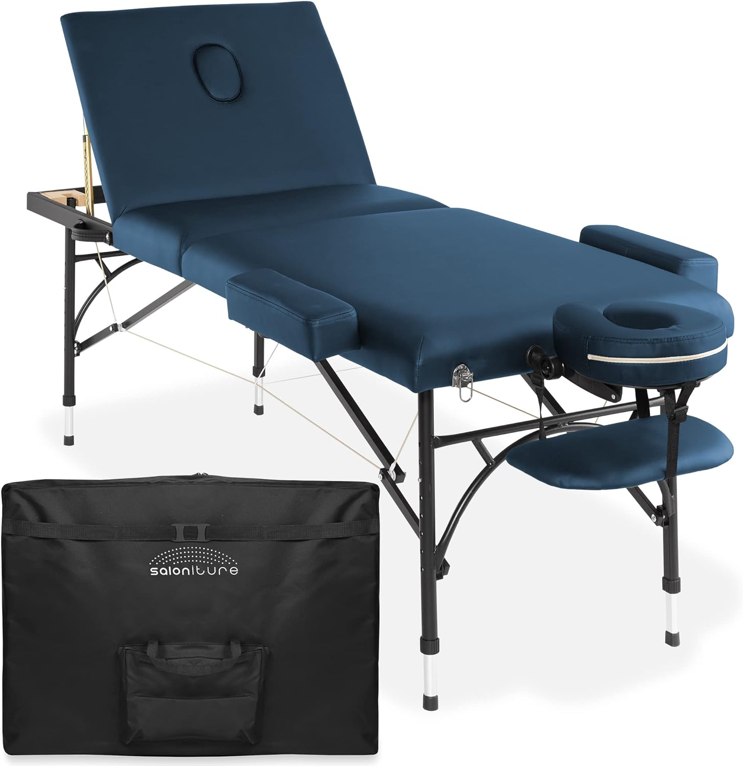 Saloniture Professional Portable Lightweight Tri-Fold Massage Table with Aluminum Legs - Includes Headrest, Face Cradle, Armrests and Carrying Case, Blue