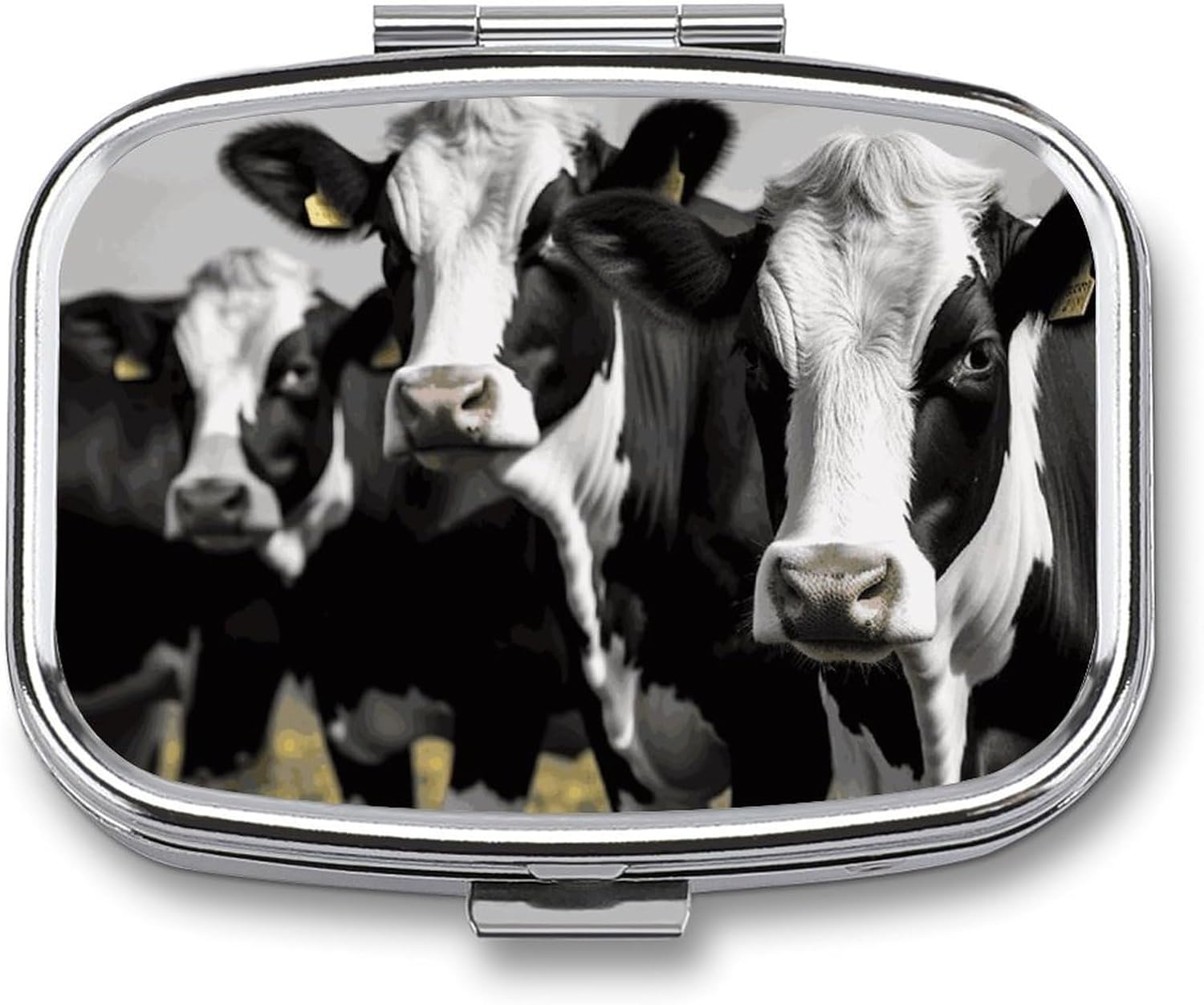 Square Pill Box Black White Cows Pill Case 2 Compartment Medicine Pill Organizer for Purse & Pocket Portable Travel Pillbox Medicine Vitamin Cod Liver Oil Storage Box Organizer