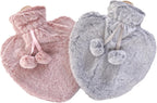 Pack of 2 Large Heart Shaped Hot Water Bottle - Natural Rubber with Faux Fur Covers - 2 x 1 Litre Ribbed Hot Water Bottles with Plush Covers (Pink/Grey)