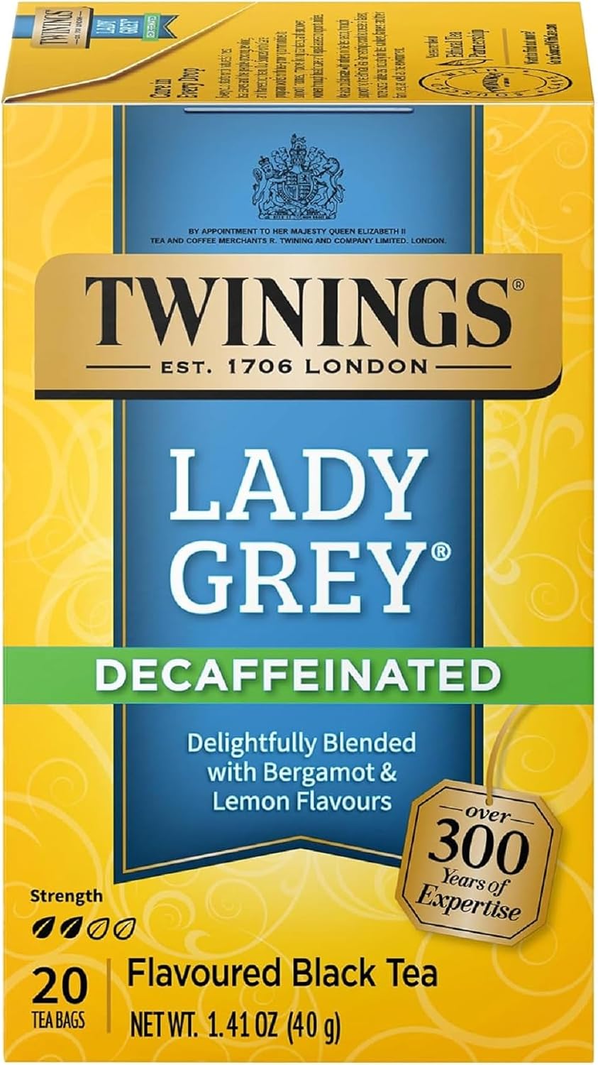 Twinings Decaffeinated Lady Grey Black Tea Individually Wrapped Bags, 20 Count (Pack of 1), Orange Peel & Lemon Peel, Enjoy Hot or Iced, 20 Teabags