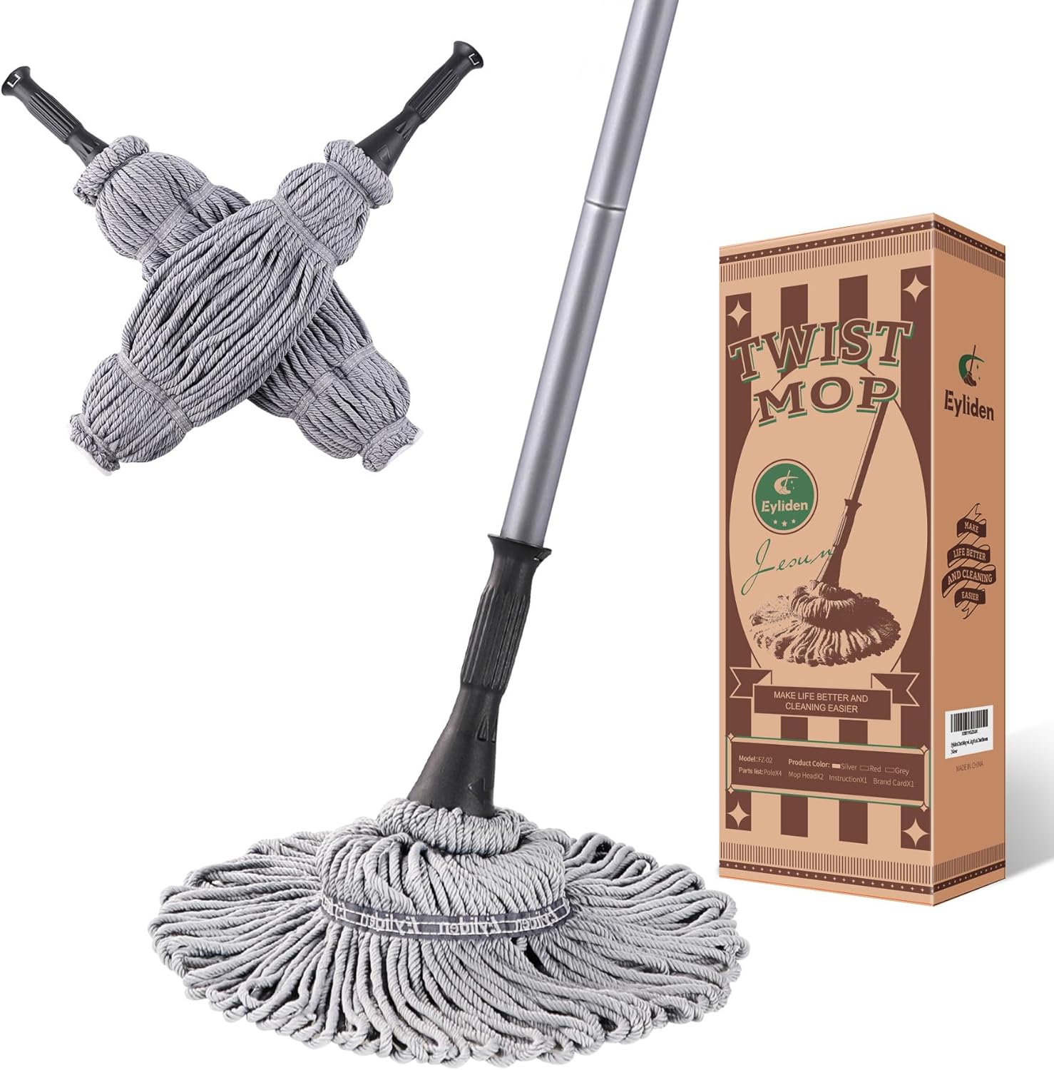 Eyliden Mop with 2 Reusable Microfiber Heads, Easy Wringing Twist Mop, 57.5 inch Long Handle, Wet Mops for Floor Cleaning, Commercial Household Clean Hardwood, Vinyl, Tile and More (Grey)