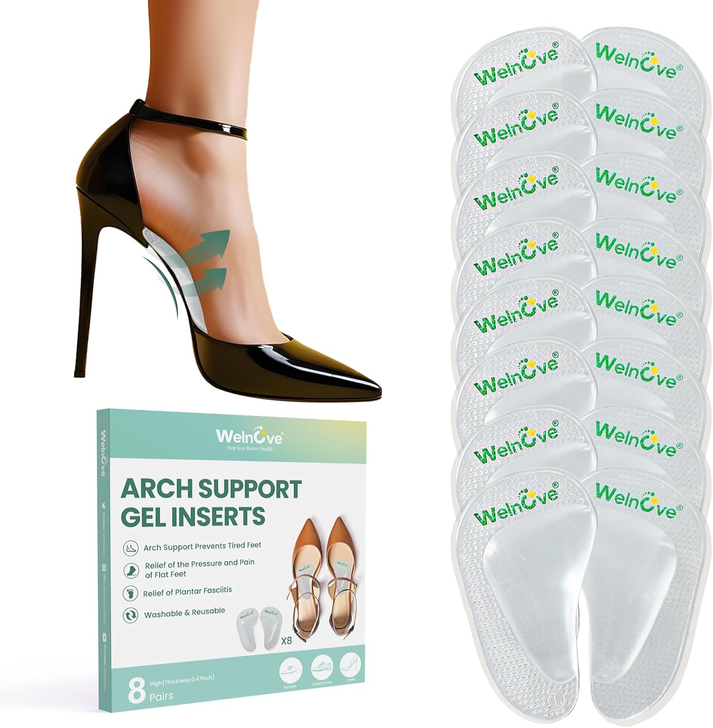 Arch Support Inserts Flat Feet - Welnove 8-Pair Gel Arch Support Insoles for Plantar Fasciitis, Foot Pain Fatigue Relief - Soft Heel Pads Adhesive Fit Most Shoes, Men Women, 0.47" Height