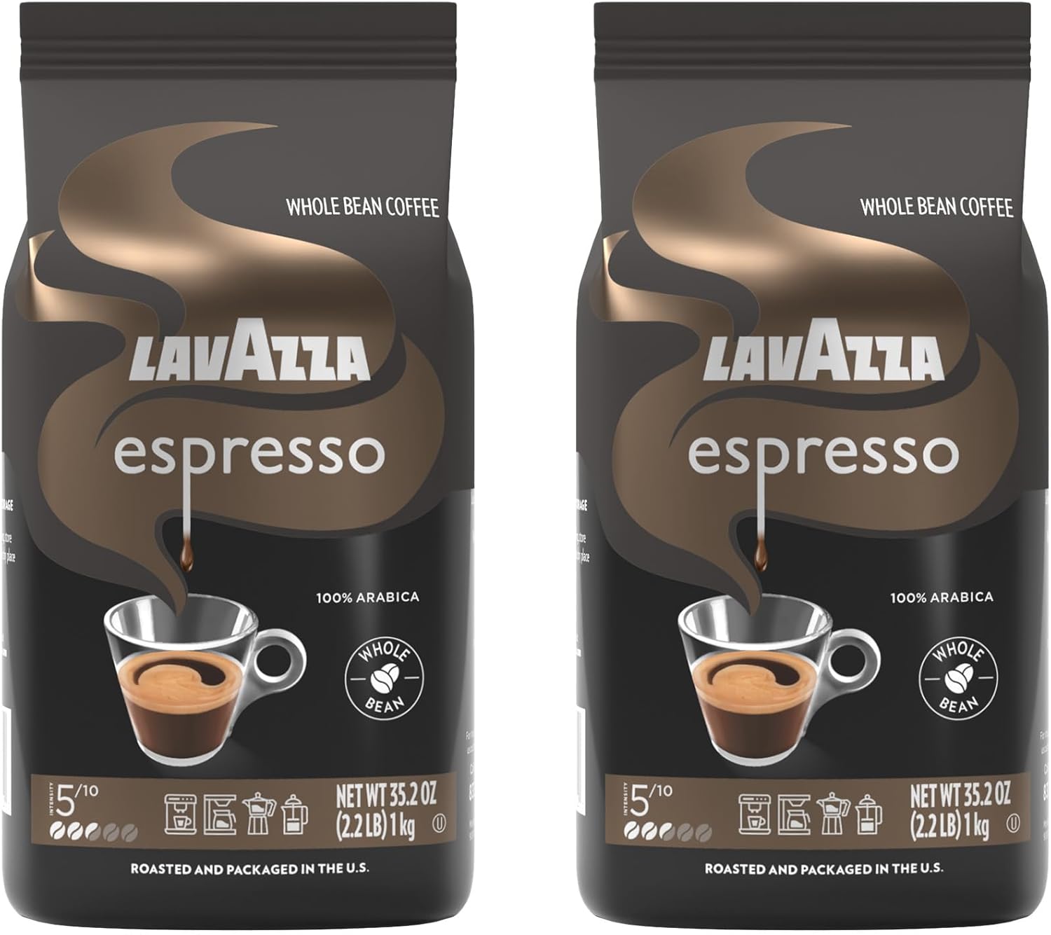 Lavazza Espresso Whole Bean Coffee, Medium Roast, 100% Arabica, 2.2 lb Bag (Pack of 2)