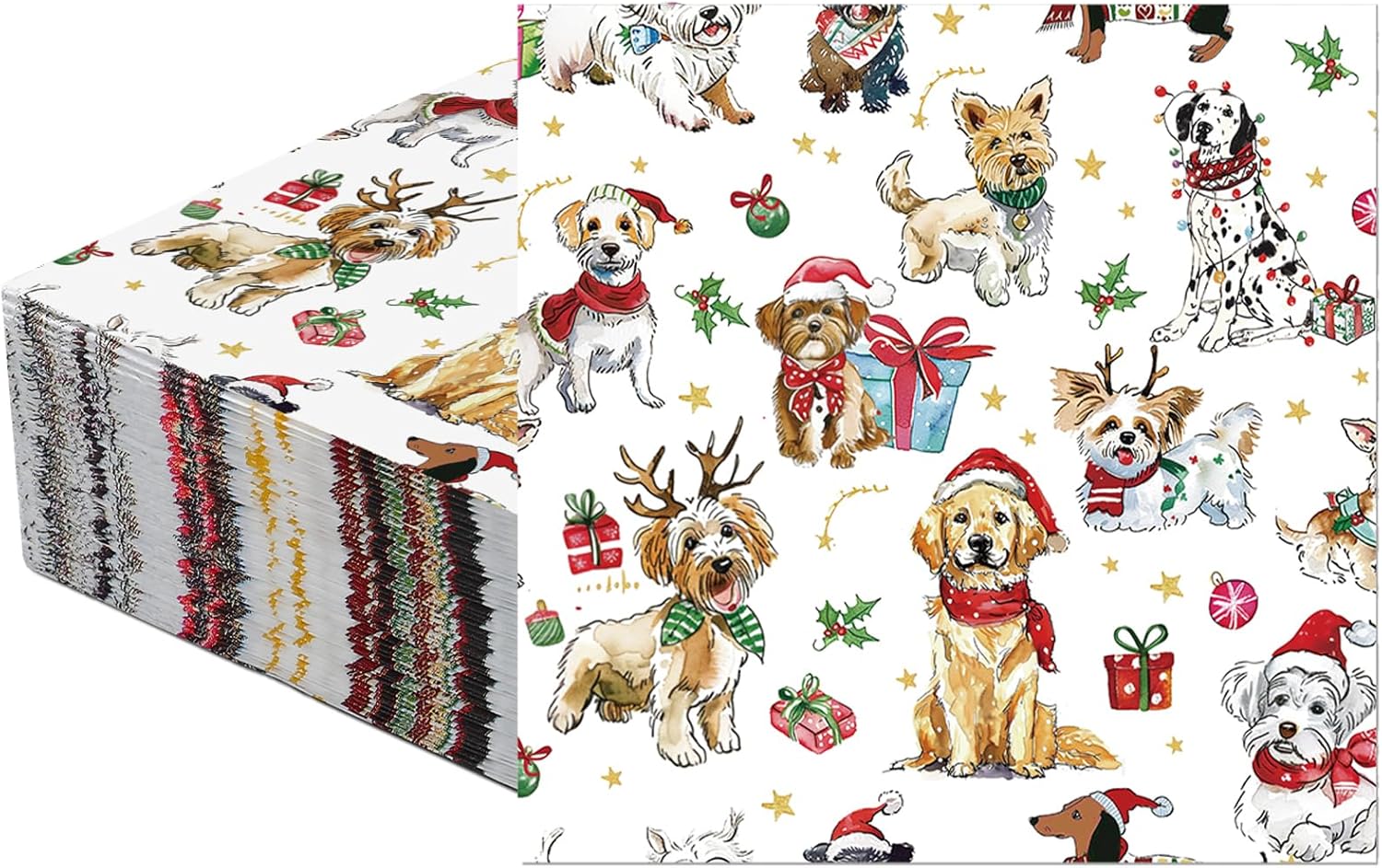 Glenmal 50 Pcs Holiday Pet Napkins Disposable Christmas Decoupage Napkin Pack 5" x 5" Christmas Dog Cocktail Napkins for Xmas Themed Party Holiday Gifts