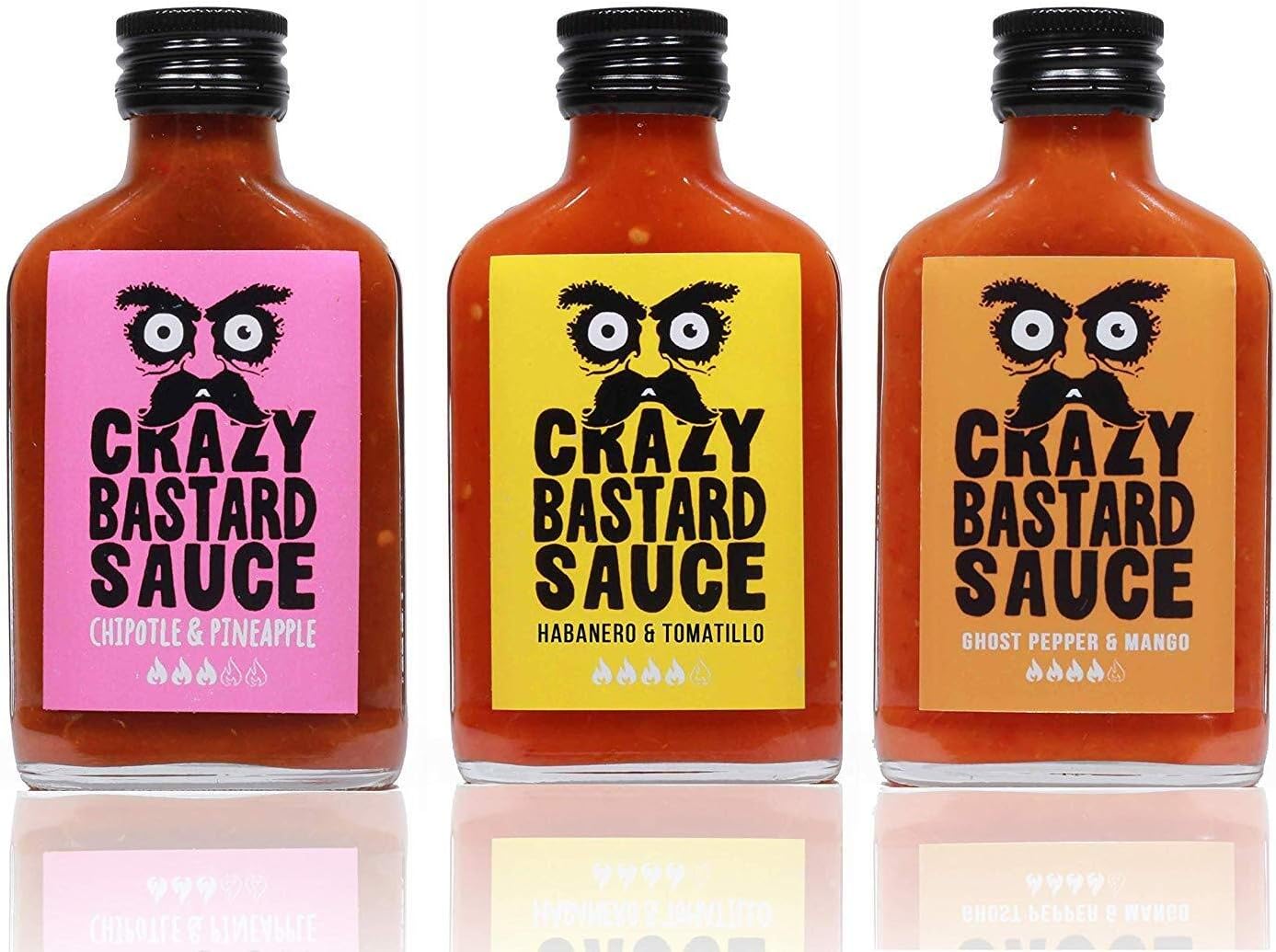 Crazy Bastard Sauce Sample Set of 3 Hot Chili Sauces - Chipotle & Pineapple, Habanero & Tomatillo, and Ghost Pepper & Mango (3 x 100ml)